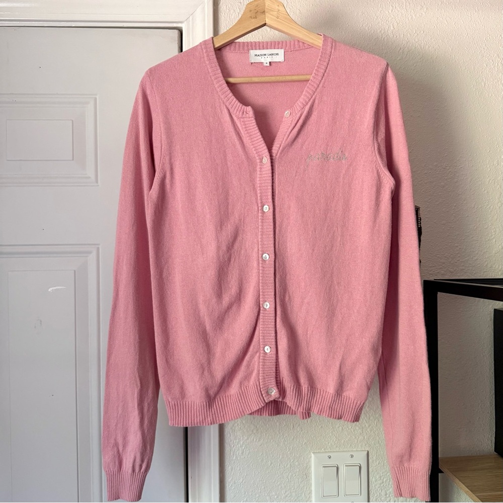 MAISON‎ LABICHE pink embroidered long sleeve button up cardigan sweater